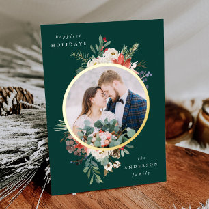 Foto "Winter Floral Green and Gold Circle" Folien Feiertagskarte