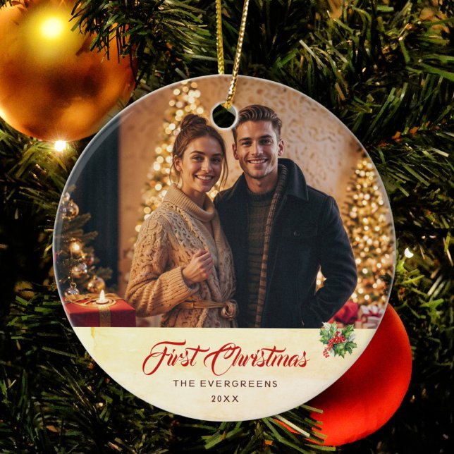 Foto Winter Moderne Wasserfarbe Erste Weihnachten Keramik Ornament (Von Creator hochgeladen)