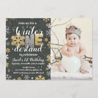 Foto Winter Onederland Geburtstag Einladung Gold