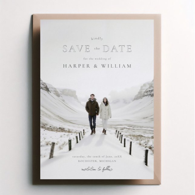 Foto wintery Hochzeit speichern Sie das Datum Folieneinladung (Save the date in silver foil on your own background photo)