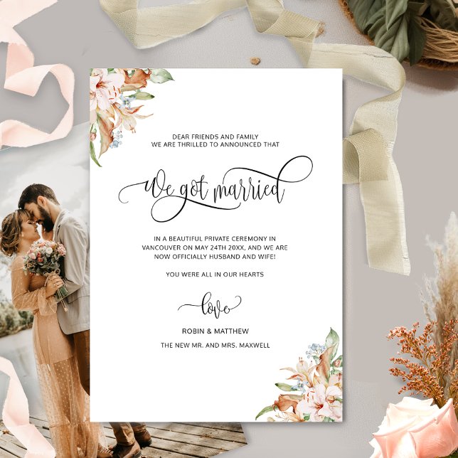 Foto, wir got Verheiratete, erdige Blütenhochzeit Ankündigung (Von Creator hochgeladen)