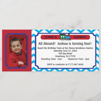 Foto-Zug-Karte - blaue Zickzack Streifen Einladung