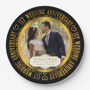 Foto zum 1. Hochzeitstag Black   Vergoldet Pappteller