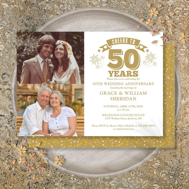 Foto zum 50. Jahrestag der Hochzeit Einladung (Cheers To 50th Wedding Anniversary 2 Photo Invitation)