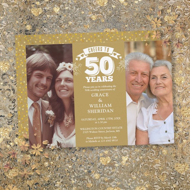Foto zum 50. Jahrestag der Hochzeit Einladung (Cheers To 50th Wedding Anniversary 2 Photo Invitation)