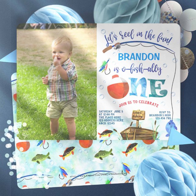 Foto zum ersten Geburtstag Einladung (Boy 1st birthday, Fishing themed, o-fish-ally, little fisherman. Birthday photo invitations.)
