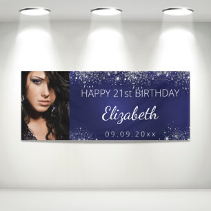Foto zum Geburtstag, blau, silber Glitzer Banner