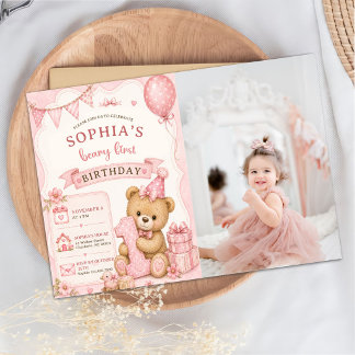 Foto zum Geburtstag mit rosa Schleife Teddy Bär Ta Einladung