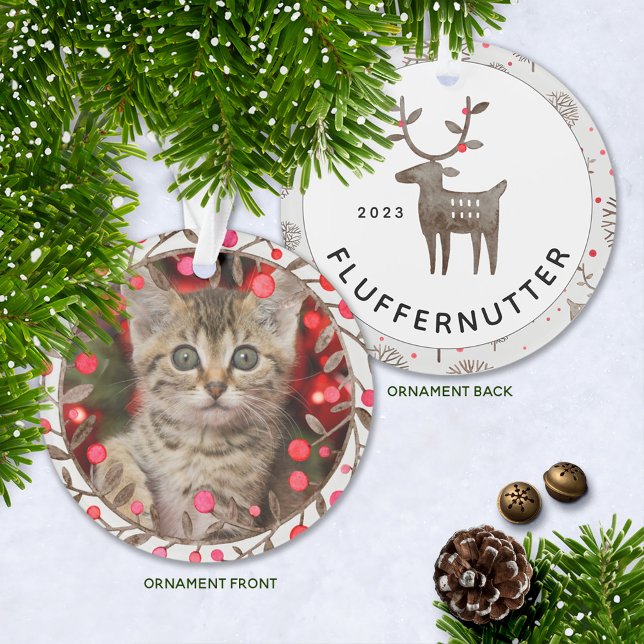 Foto zum Gedenken an Keepake Pet + Jahr w Rentier Ornament (Cute Kitten's First Christmas ornament, Puppy's First Christmas, or Pet Commemorative Ornament.)