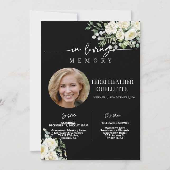 Foto zur Beerdigung Schwarz-weißer Rose Einladung (Vorderseite)