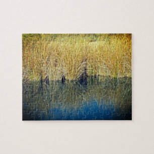 Foto zur Reflektion des Lake Grass mit blauem Wass Puzzle