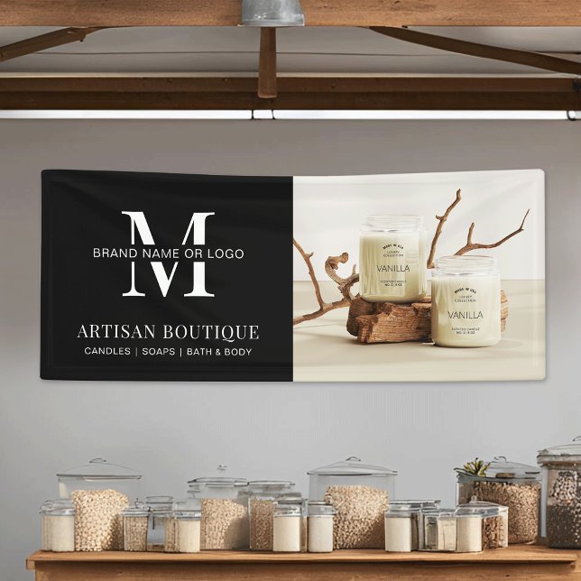 Foto zur Werbung für Minimalistische Schwarze-Busi Banner (Black outdoor / indoor business photo banner for craft market or shop *Ai generated background image)