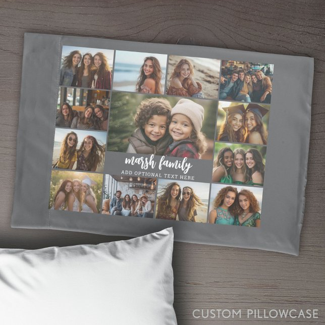 FotoCollage - 13 Bilder 2 Textblöcke grau weiß Kissenbezug (Create Your Own Photo Collage Pillowcase)