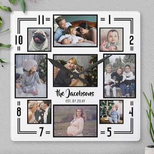 Fotocollage 9 Pic White Black Strip Name Quadratische Wanduhr