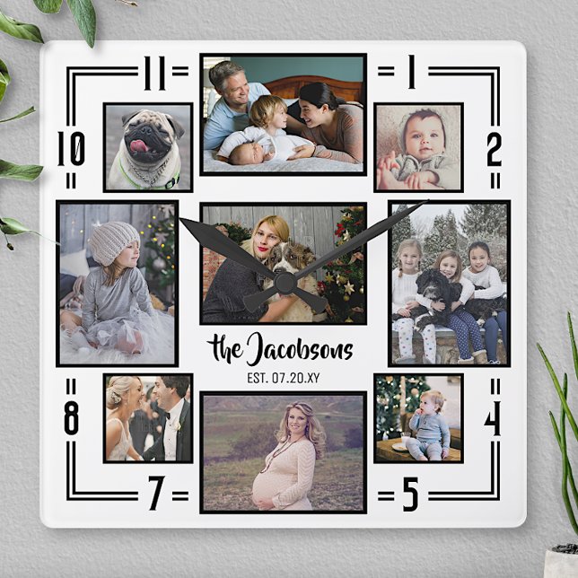 Fotocollage 9 Pic White Black Strip Name Quadratische Wanduhr (Von Creator hochgeladen)