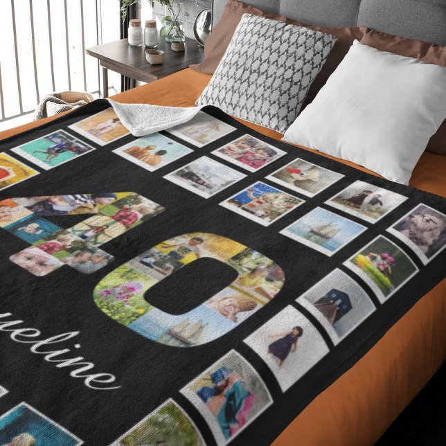 FotoCollage der 40. Geburtstagsfamilie Große Fleecedecke (Large 40th birthday fleece blanket personalized with name and favorite photos.)