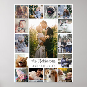 FotoCollage der Familie 15 Bilder + Name Grau Weiß Poster