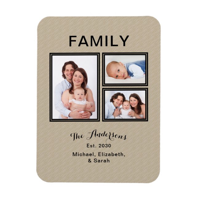 Fotocollage Familienname Moderne Sand Beige Magnet (Vertikal)