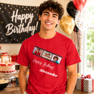 Fotocollage Film Name Geburtstag Mann rot T-Shirt