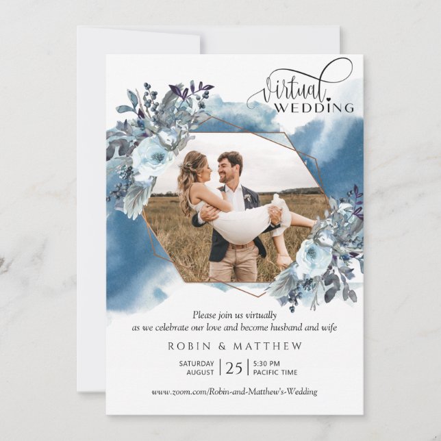 Fotocollage, geometrisch blaue virtuelle Hochzeit Einladung (Vorderseite)