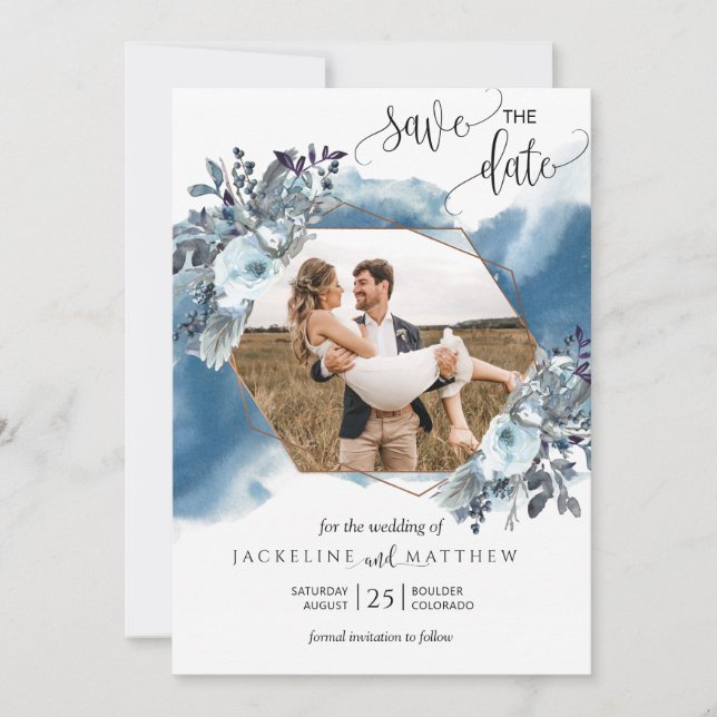 FotoCollage, geometrisch blaue Wasserfarbe Save The Date (Vorderseite)