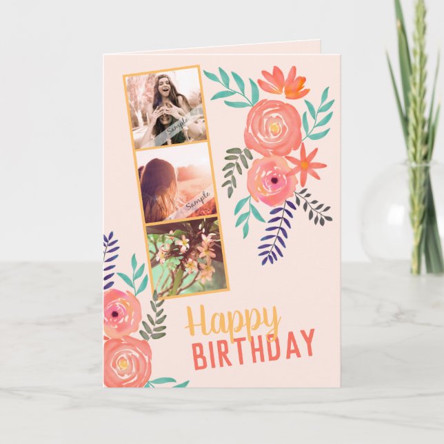 FotoCollage "Happy Birthday" Pink Coral Rose Karte (Vorderseite)