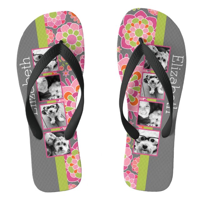 FotoCollage Hot Pink und Orange Blume Flip Flops (Fußbett)