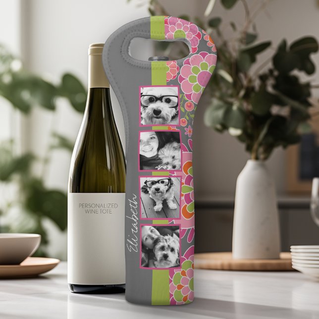 FotoCollage Hot Pink und Orange Blume Weintasche (Personalized Wine Tote - Add Your Monogram or Customize completely in the advanced design area)