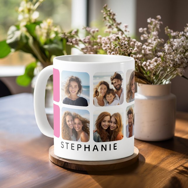 FotoCollage mit 8 Fotos und Hot-Pink-Akzenten Kaffeetasse (Personalized mug with 8 photos)
