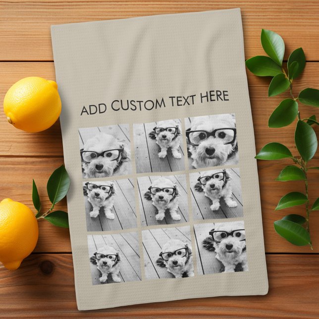 FotoCollage mit 9 quadratischen Fotos - Taupe Geschirrtuch (Custom kitchen towel)