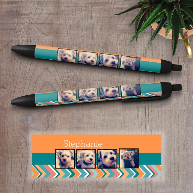 FotoCollage mit Orange und Aquamarinen Chevronen Kugelschreiber (Personalized Writing Pens - add your name, monogram or other text)