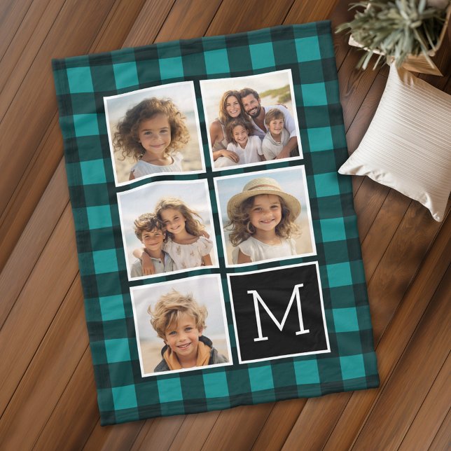 FotoCollage - Monogram Aquamarin Black Buffalo Kar Fleecedecke (Personalized fleece blanket with 5 photos and a monogram)