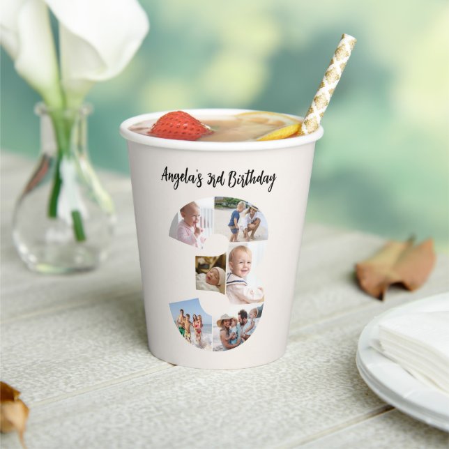 Fotocollage zum 3. Geburtstag Nummer 3 Papiertasse Pappbecher (In Situ)