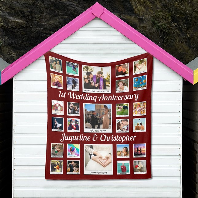 FotoCollage zum Hochzeitstag Fleecedecke (Wedding Anniversary custom fleece blanket in red with photo collage.)