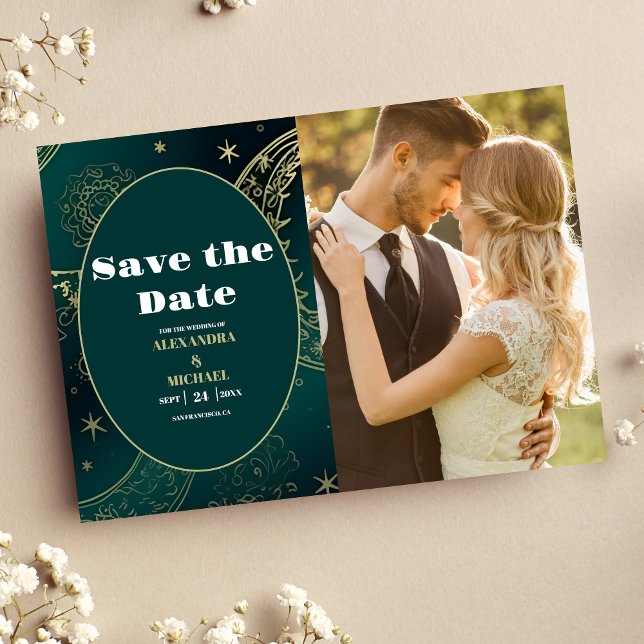 FotoEmerald Green Gold Celestial Wedding Save The Date (Von Creator hochgeladen)