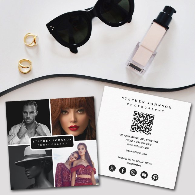 Fotograf 4 Fotos QR Code Social Media Icons Quadratische Visitenkarte (Photographer 4 Photos QR Code Social Media Icons Square Business Card)