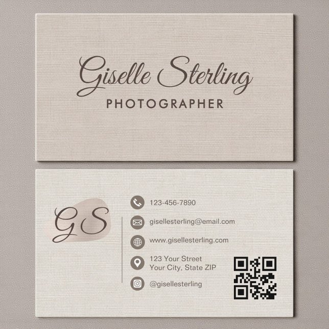 Fotograf Beige Leinen Modern Elegant QR-Code Visitenkarte (Von Creator hochgeladen)