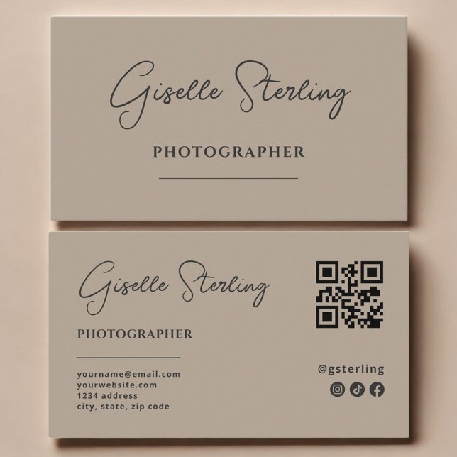 Fotograf Neutral Taupe Schrift QR-Code Visitenkarte (Von Creator hochgeladen)
