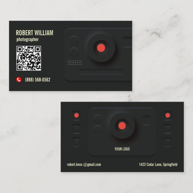 Fotograf QR-Code Modern Schwarz | Minimales Design Visitenkarte (Vorne/Hinten)