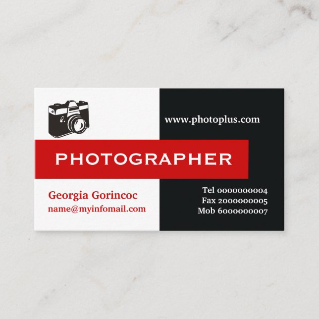 Fotograf schwarz, weiß, rot, auffallend visitenkarte (Vorderseite)
