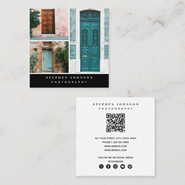Fotografie 3 Fotos QR Code Social Media Icons Quadratische Visitenkarte (Vorne/Hinten)
