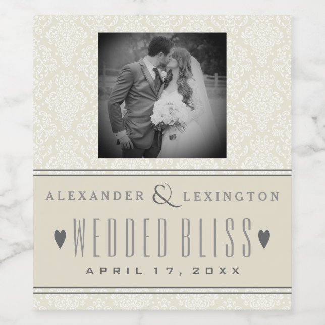 Fotografie Classic Elegant Damask Hochzeit Weinetikett (Einzelnes Label)