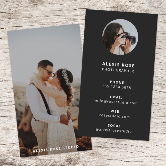 Fotografie Modernes Minimalistisches, stilvolles S Visitenkarte (Modern minimalist black photography business card by Guava - clean, simple and easily customizable)