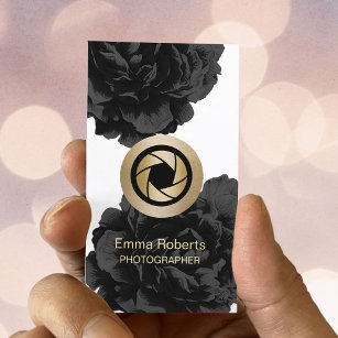 Fotografieren von Gold Camera Black Floral Fotogra Visitenkarte