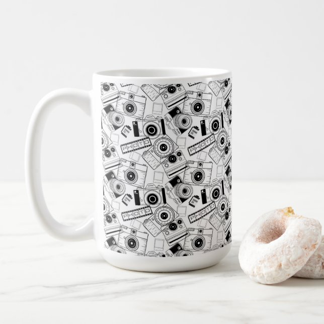 Fotokameras in Schwarzweiß Kaffeetasse (Mit Donut)