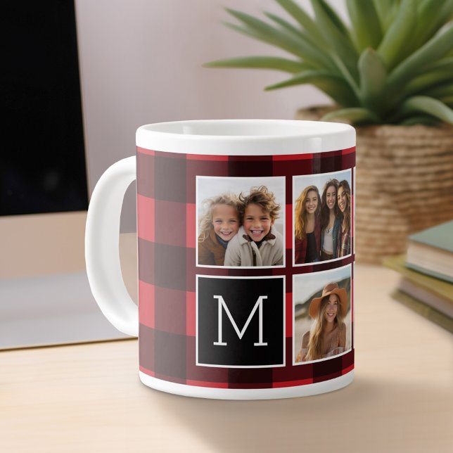 Fotolage - Monogram Red Black Buffalo Kariert Jumbo-Tasse (Personalized mug)
