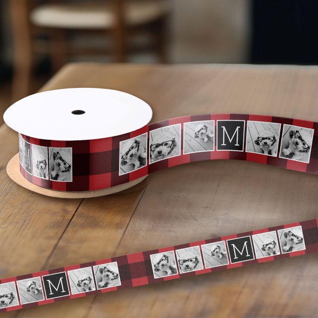 Fotolage - Monogram Red Black Buffalo Kariert Ripsband (Custom Ribbon on a Roll - Personalize this ribbon with you text)