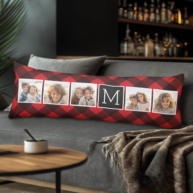 Fotolage - Monogram Red Black Buffalo Kariert Seitenschläferkissen (Custom Photo Collage and Monogram Body Pillow)