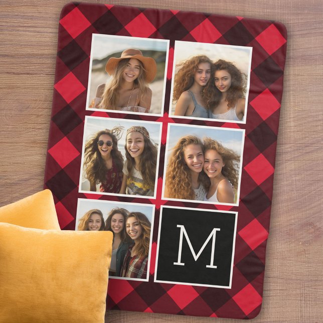 Fotolage und Monogram Red Black Buffalo Kariert Sherpadecke (Personalized sherpa blanket with photos and text)