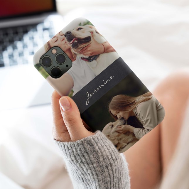Fotolollage Monogram Chalkboard iPhone Hülle (Pet photo collage monogram with rustic dark wood background. Keep your pet photos with you.)